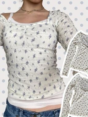 White Floral Square-Neck Long Sleeve Top